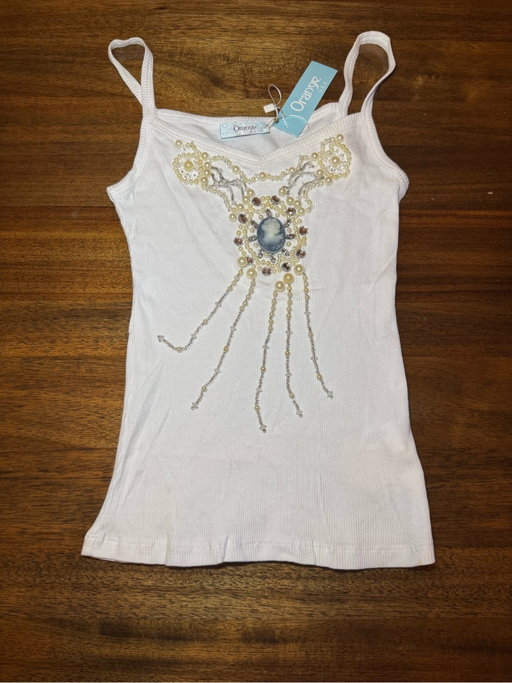 Orage USA Y2K style White Ribbed Tank Top Cameo centerpiece surrounded by pearl